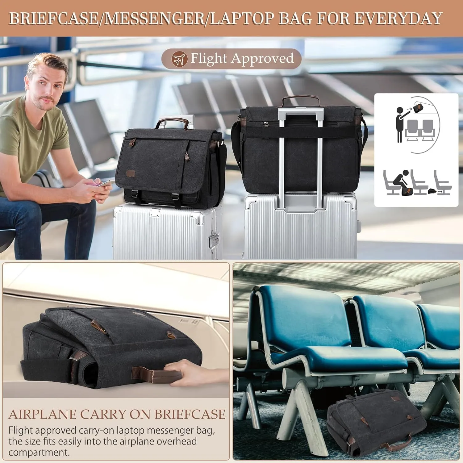 17.3 Inch Messenger Bag for Men: 2PCS Laptop Bag PU Leather Canvas Work Briefcase Large Office