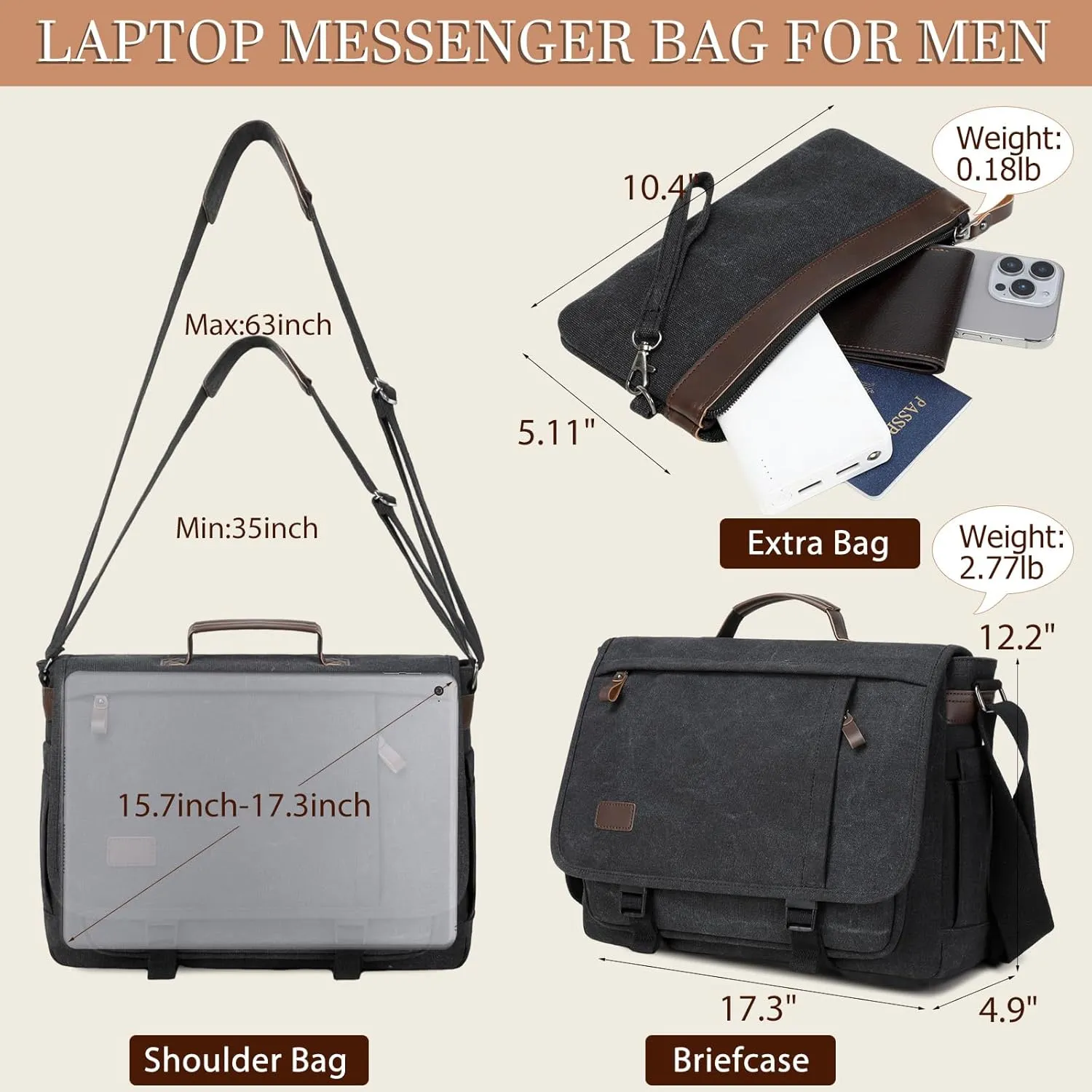 17.3 Inch Messenger Bag for Men: 2PCS Laptop Bag PU Leather Canvas Work Briefcase Large Office