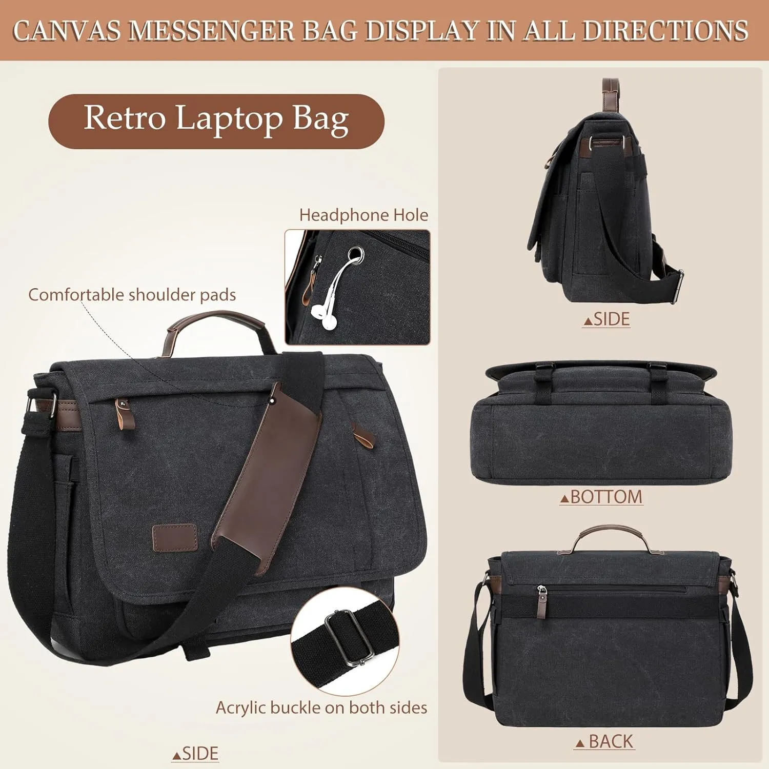 17.3 Inch Messenger Bag for Men: 2PCS Laptop Bag PU Leather Canvas Work Briefcase Large Office