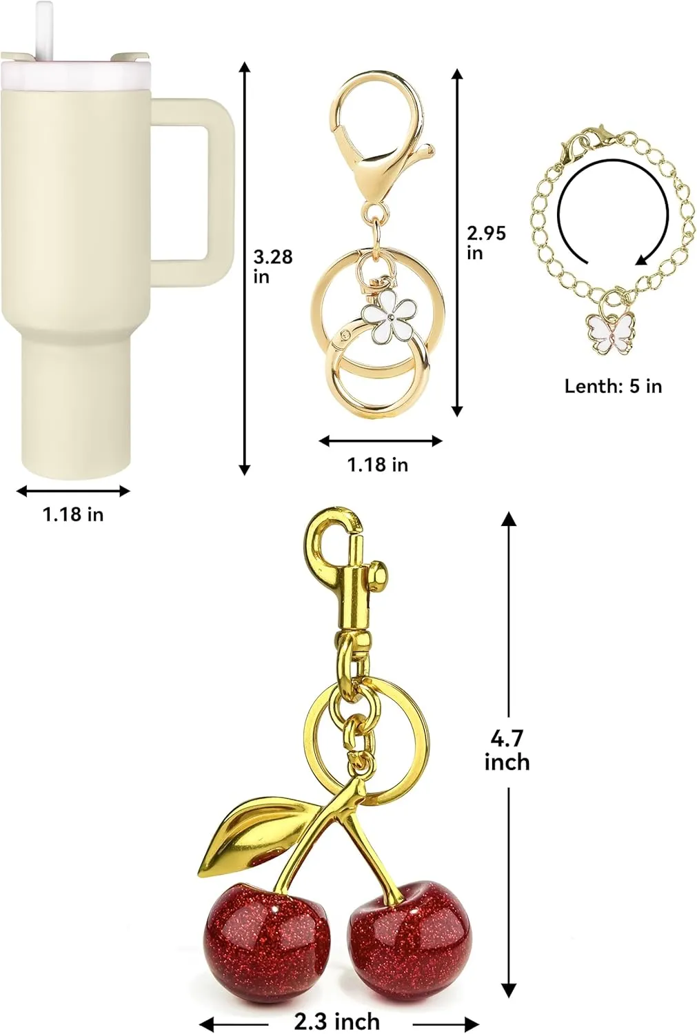 2Pack Glitter Cherry Bag Charm & Mini Tumbler Keychain for Stanley Cup, Valentines Day Gift for Women Purses and Bags