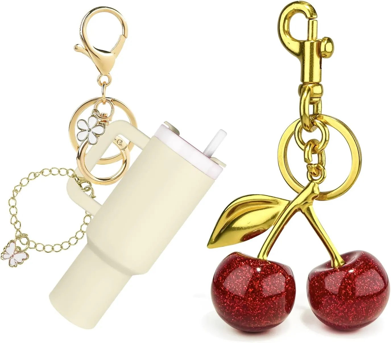 2Pack Glitter Cherry Bag Charm & Mini Tumbler Keychain for Stanley Cup, Valentines Day Gift for Women Purses and Bags