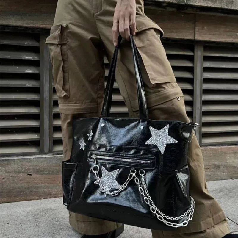 binfenxie Gothic Tote Bag Trendy Harajuku Chain Handbag for Women Spring Punk High Street Girls Casual Black PU Leather Bag