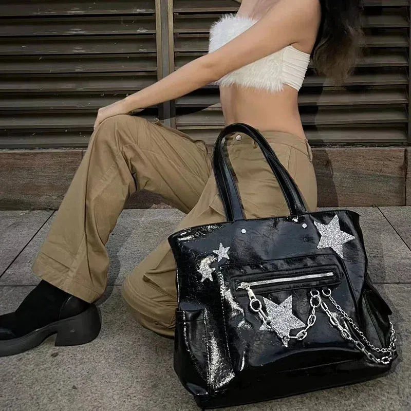 binfenxie Gothic Tote Bag Trendy Harajuku Chain Handbag for Women Spring Punk High Street Girls Casual Black PU Leather Bag