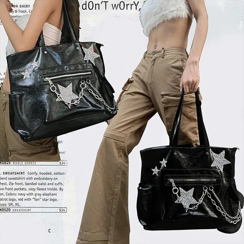 binfenxie Gothic Tote Bag Trendy Harajuku Chain Handbag for Women Spring Punk High Street Girls Casual Black PU Leather Bag