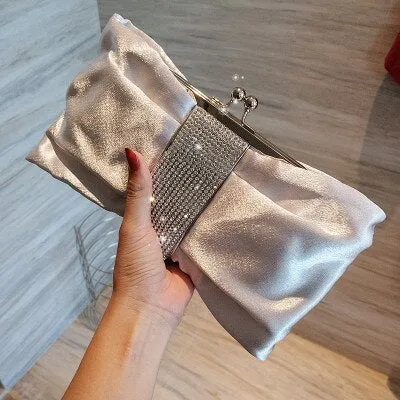 Bow women Cutch bag Luxury Party Satin Diamond Ladies Evening Bag lady Clutches small Chain messenger bags female wallet black