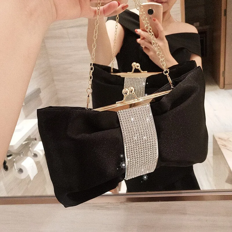 Bow women Cutch bag Luxury Party Satin Diamond Ladies Evening Bag lady Clutches small Chain messenger bags female wallet black