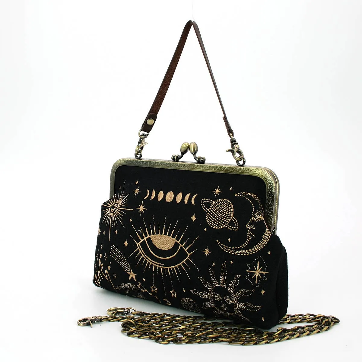 Celestial Kisslock Handbag in Linen Blend Material