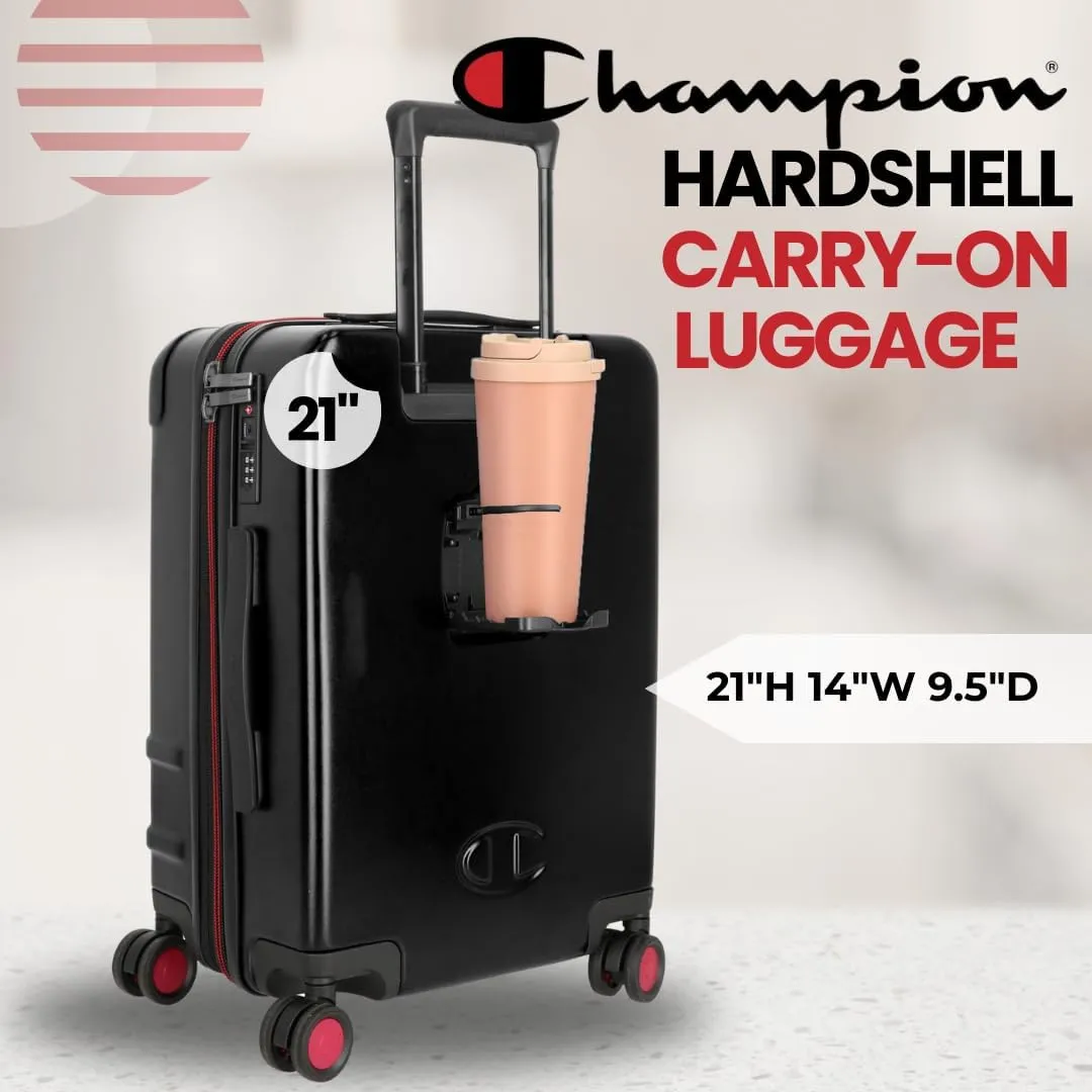 Champion 21 Hardshell Suitcase with Cup Holder & 8 Spinner Wheels - Expandable Carry-On & Checked Luggage - Durable ABS Material - Travel Bags for Men & Women - Airline Approved - With TSA Lock - Blk