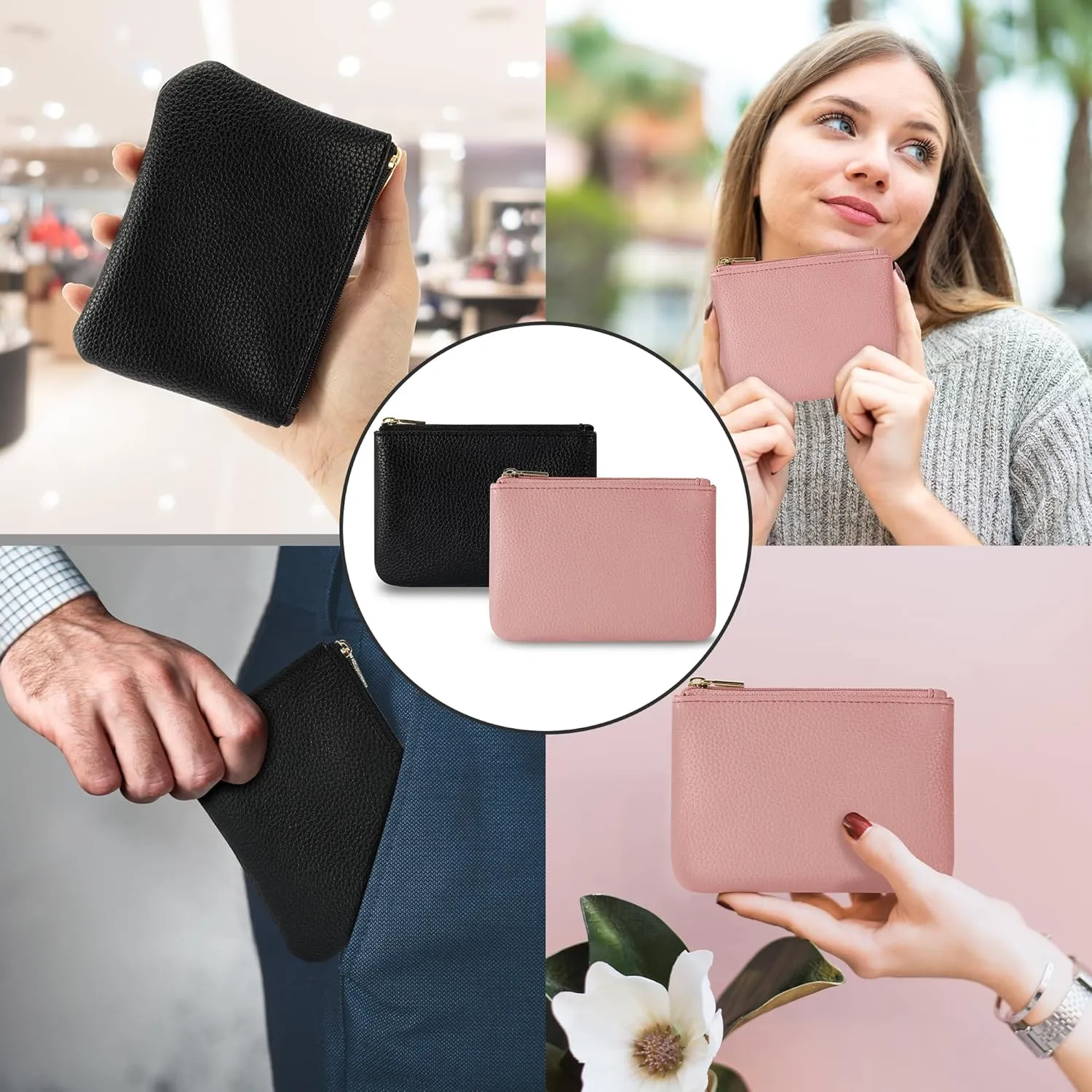 Chelmon PU Leather Coin Purse Pouch Change Holder Small With Zipper for Men Women 2 PCS Set (Black&Pink)