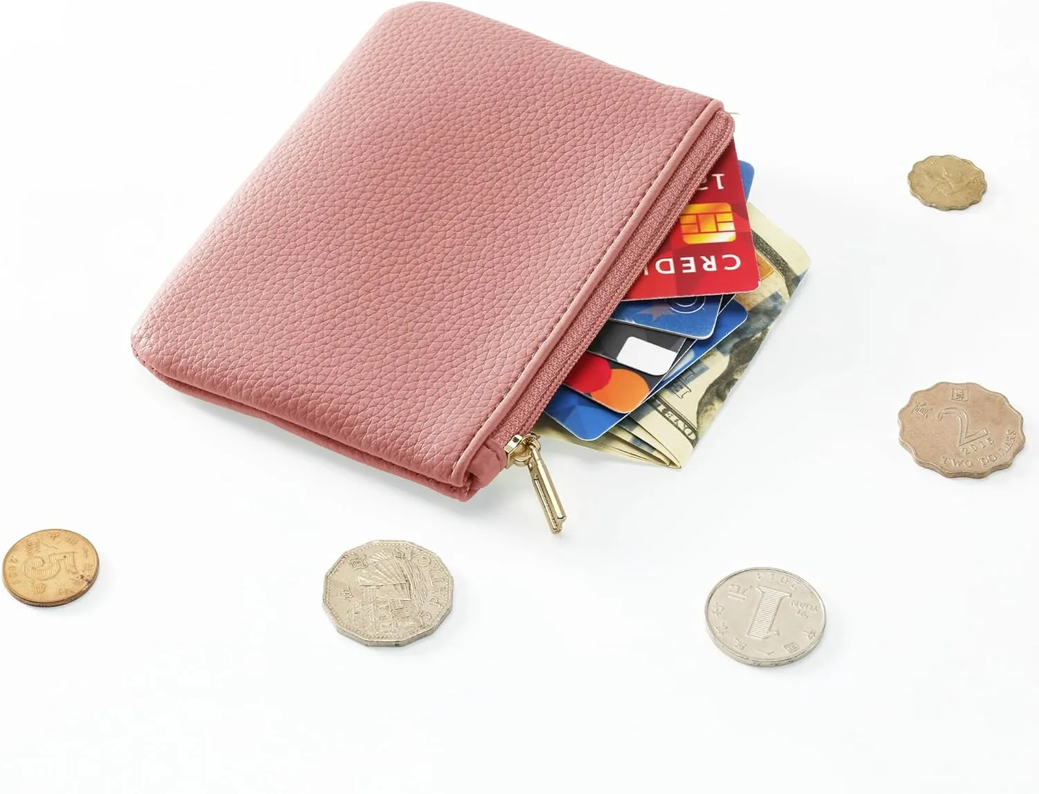 Chelmon PU Leather Coin Purse Pouch Change Holder Small With Zipper for Men Women 2 PCS Set (Black&Pink)