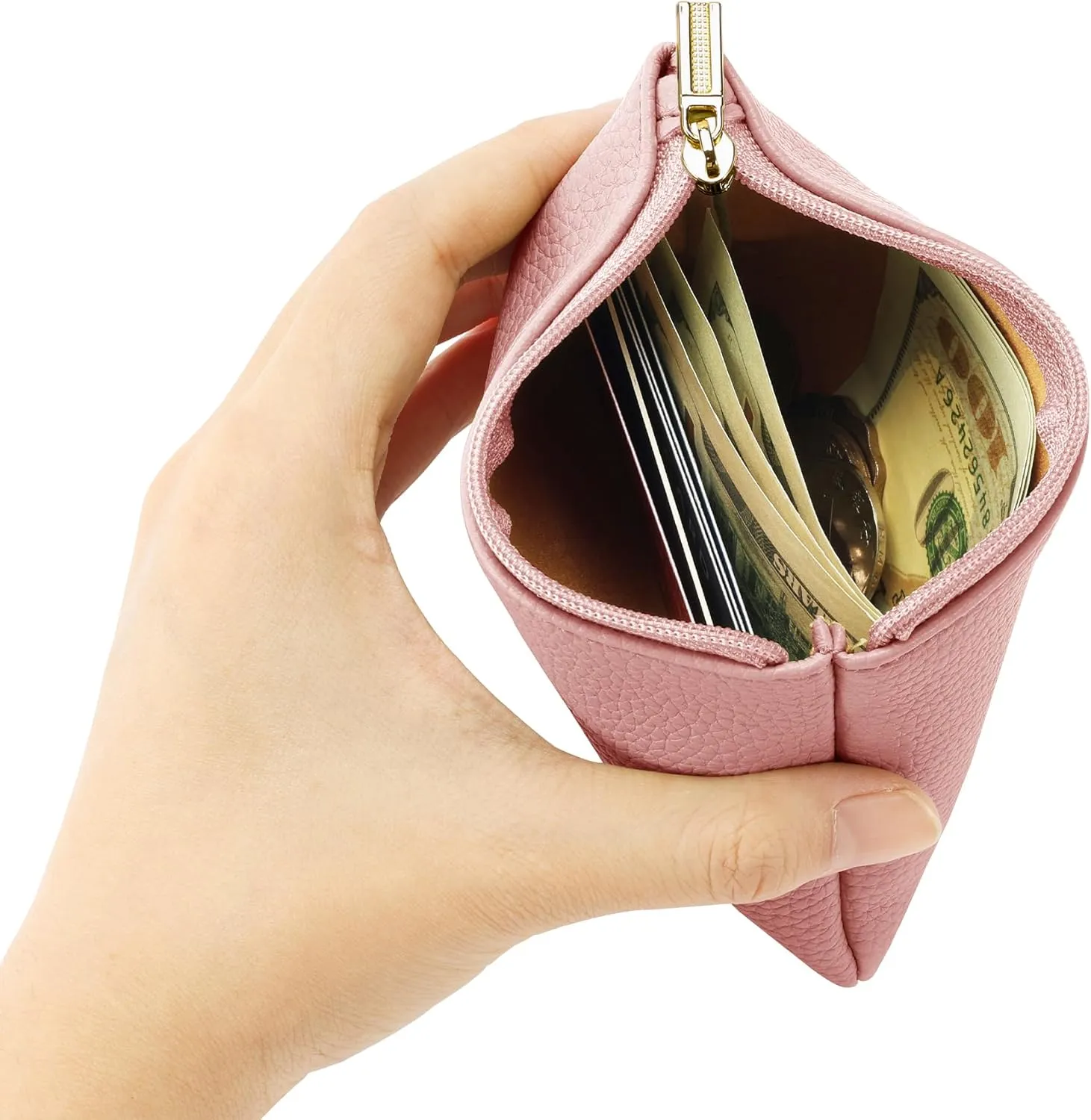 Chelmon PU Leather Coin Purse Pouch Change Holder Small With Zipper for Men Women 2 PCS Set (Black&Pink)