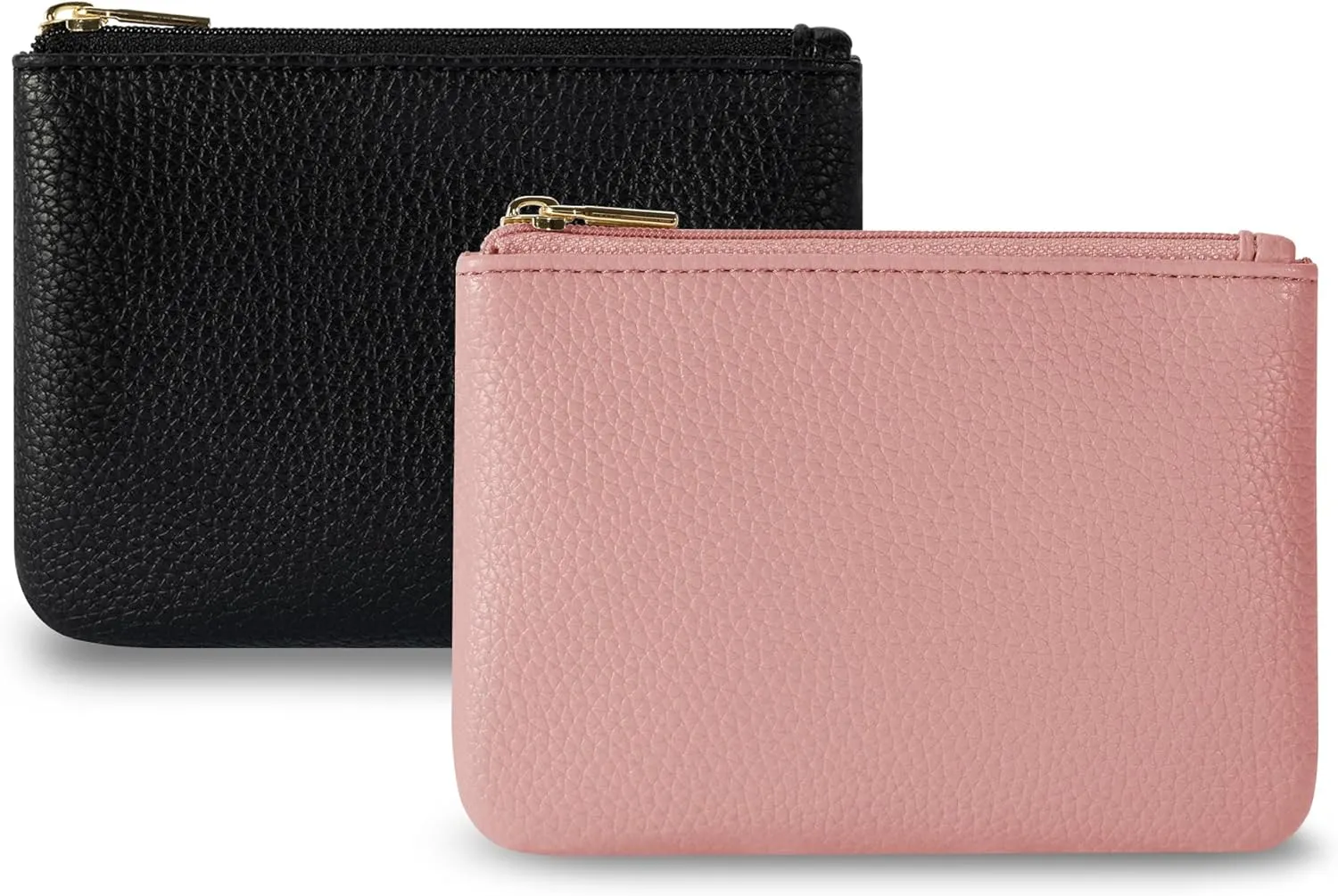 Chelmon PU Leather Coin Purse Pouch Change Holder Small With Zipper for Men Women 2 PCS Set (Black&Pink)