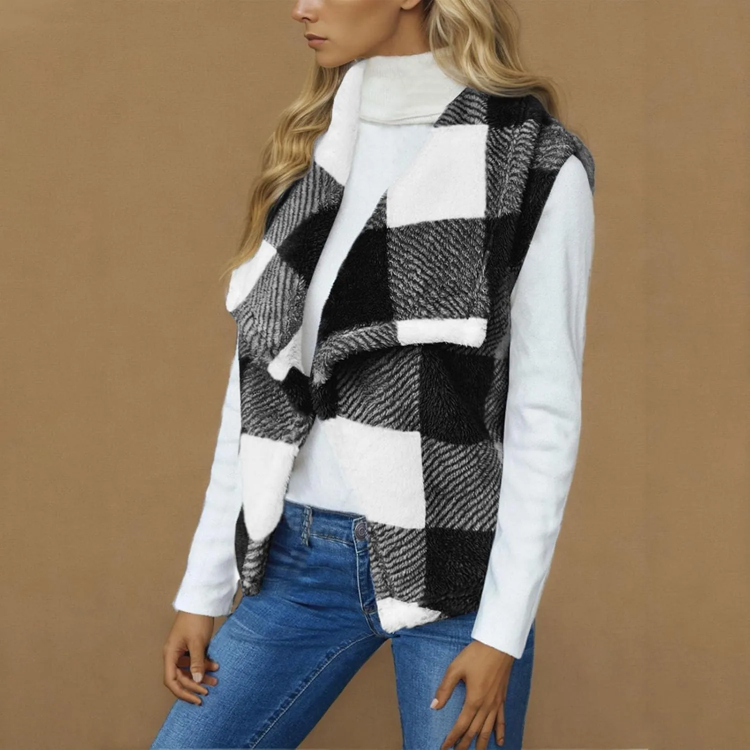 Coats for Women Plaid Open Front Jackets Trendy Plaid Outerwear Oversized Warm Fuzzy Fleece Cardigan Outwear with Pockets