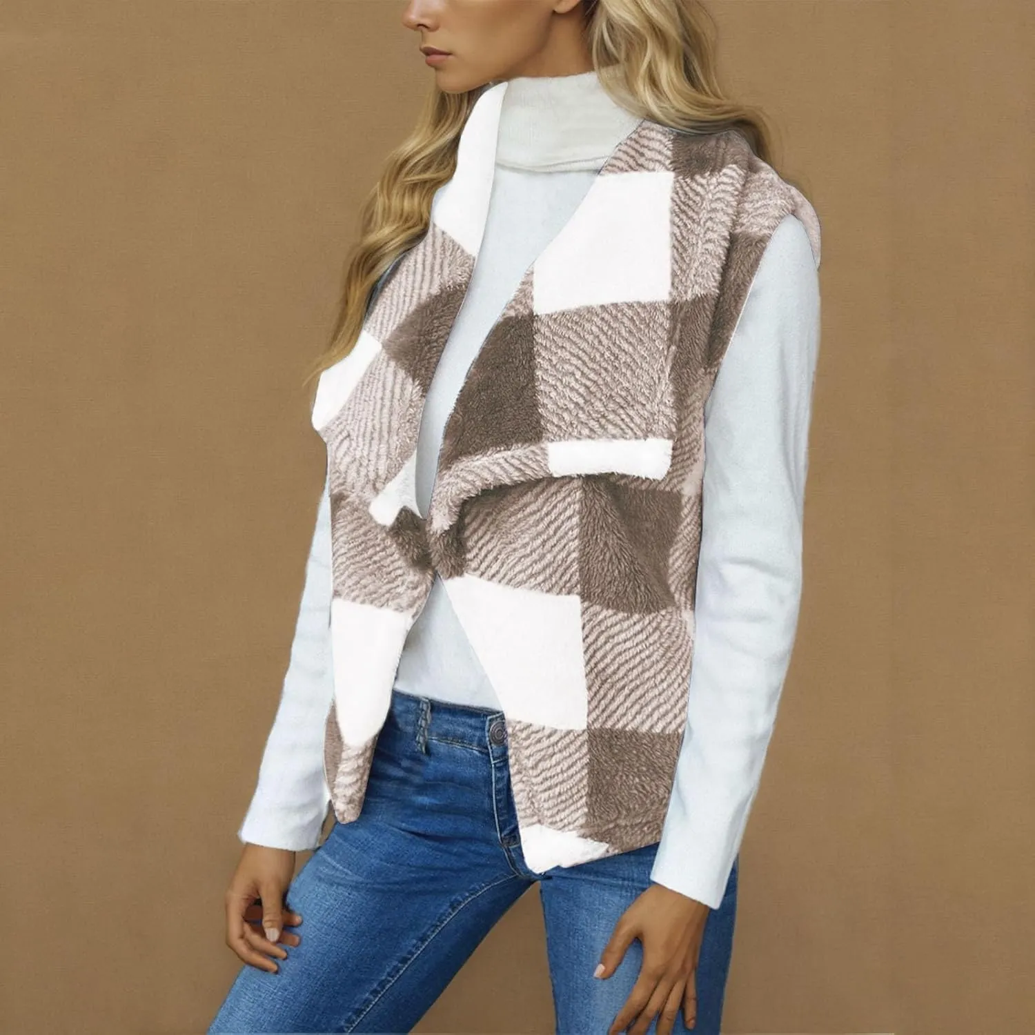 Coats for Women Plaid Open Front Jackets Trendy Plaid Outerwear Oversized Warm Fuzzy Fleece Cardigan Outwear with Pockets