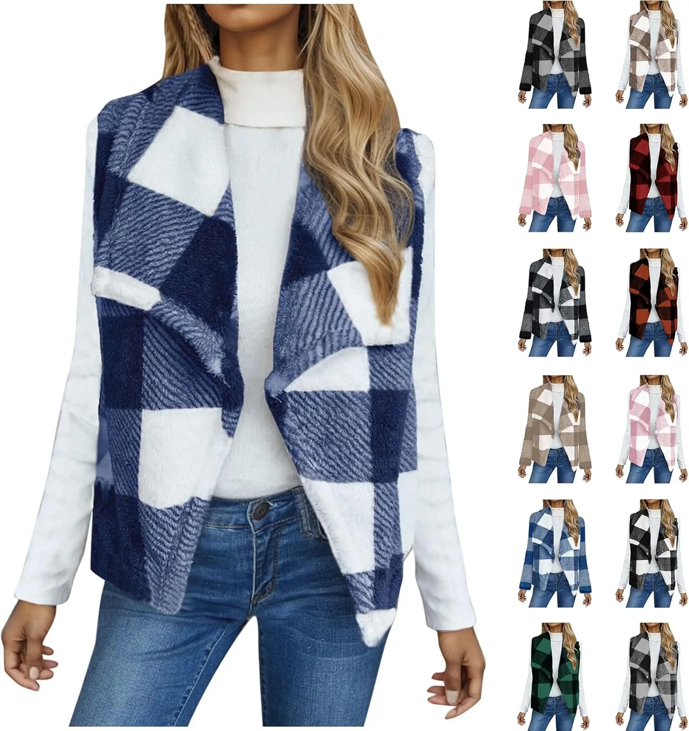 Coats for Women Plaid Open Front Jackets Trendy Plaid Outerwear Oversized Warm Fuzzy Fleece Cardigan Outwear with Pockets