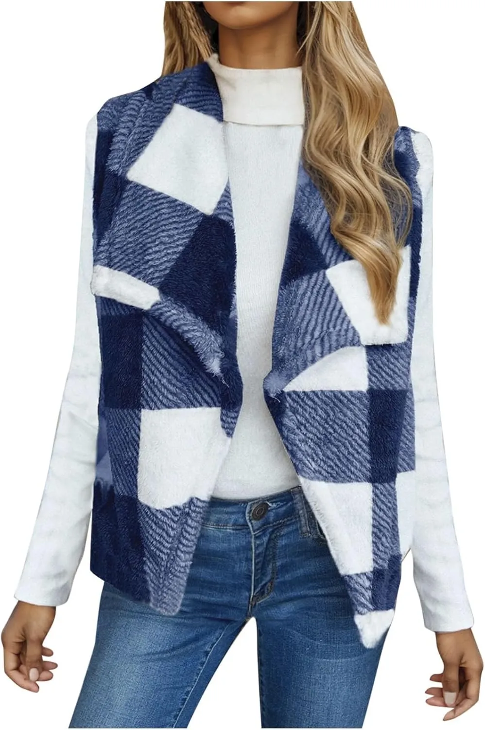Coats for Women Plaid Open Front Jackets Trendy Plaid Outerwear Oversized Warm Fuzzy Fleece Cardigan Outwear with Pockets