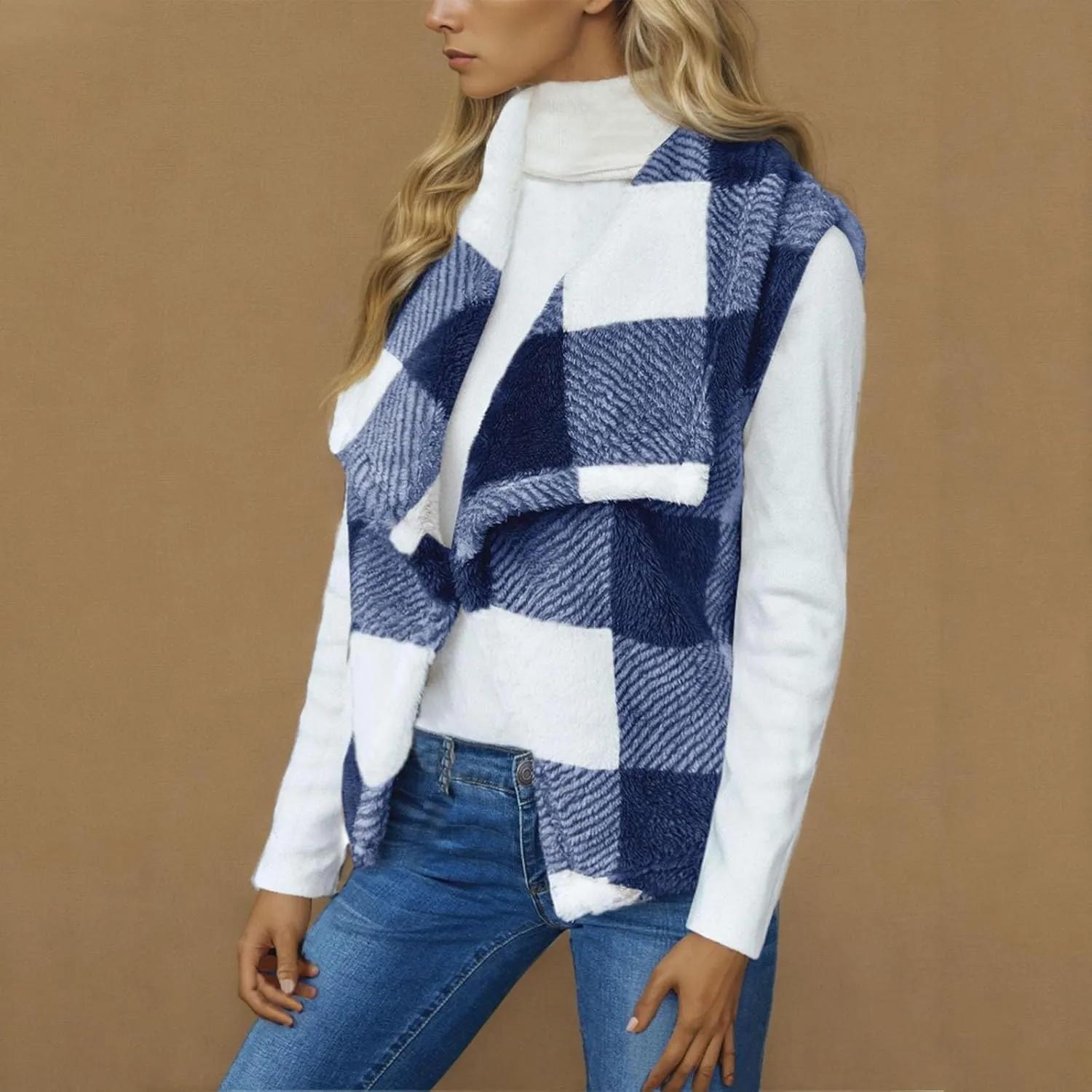 Coats for Women Plaid Open Front Jackets Trendy Plaid Outerwear Oversized Warm Fuzzy Fleece Cardigan Outwear with Pockets