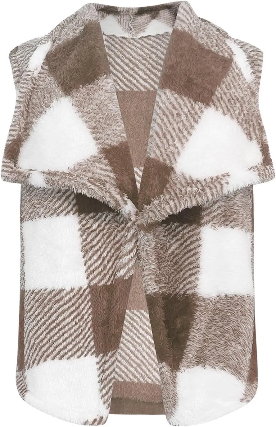 Coats for Women Plaid Open Front Jackets Trendy Plaid Outerwear Oversized Warm Fuzzy Fleece Cardigan Outwear with Pockets