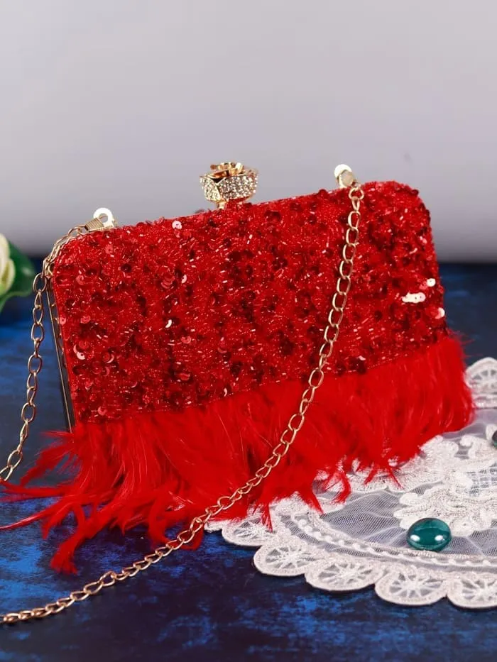 Daina Peach Hand Embroidered Feather Clutch