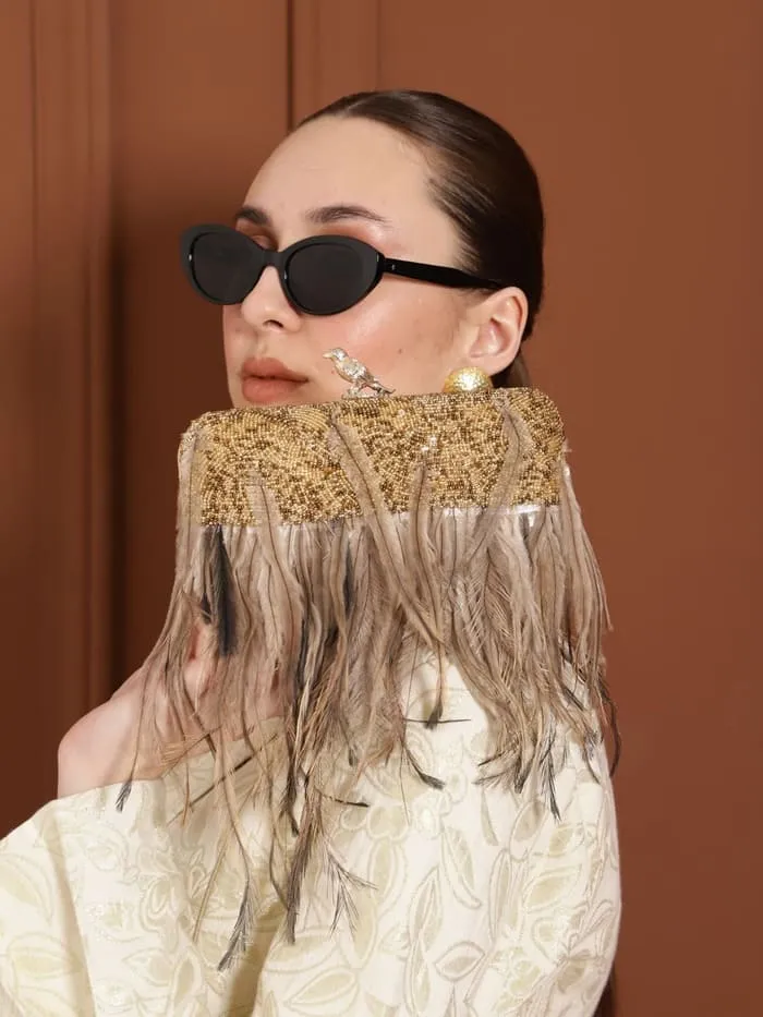 Daina Peach Hand Embroidered Feather Clutch