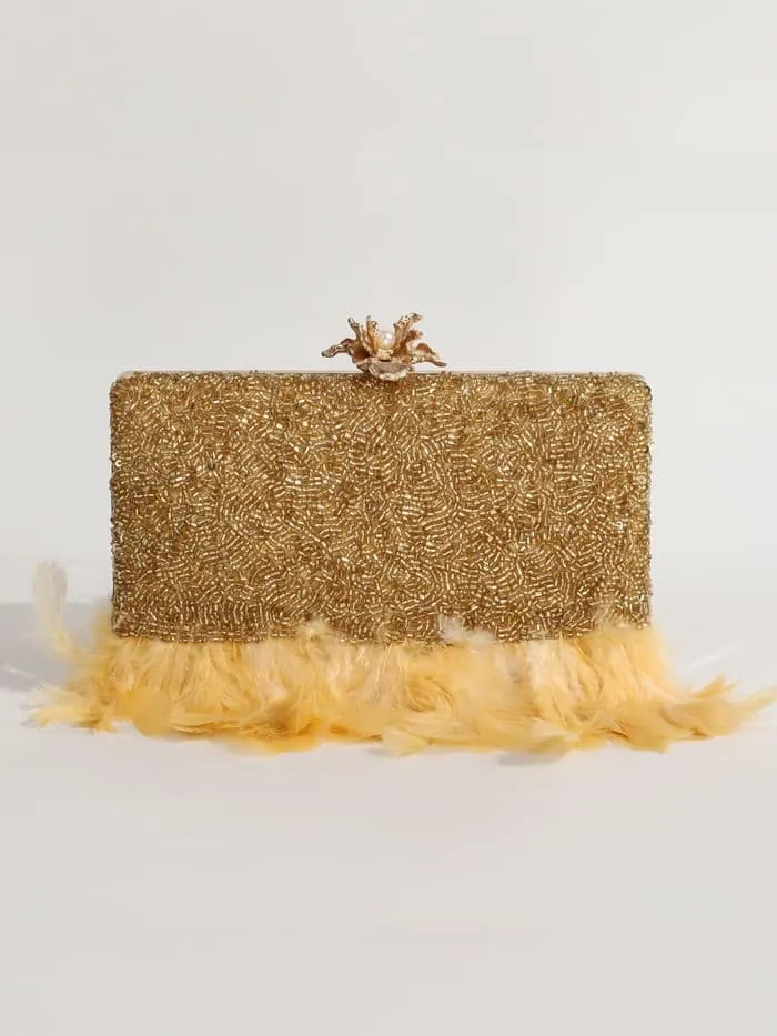 Daina Peach Hand Embroidered Feather Clutch