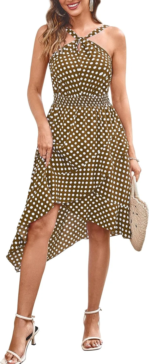 ECOWISH Polka Dot Women Summer Dress Flowy High Low Sleeveless Boho Floral Criss Cross Halterneck Cocktail Midi Sundress 2025