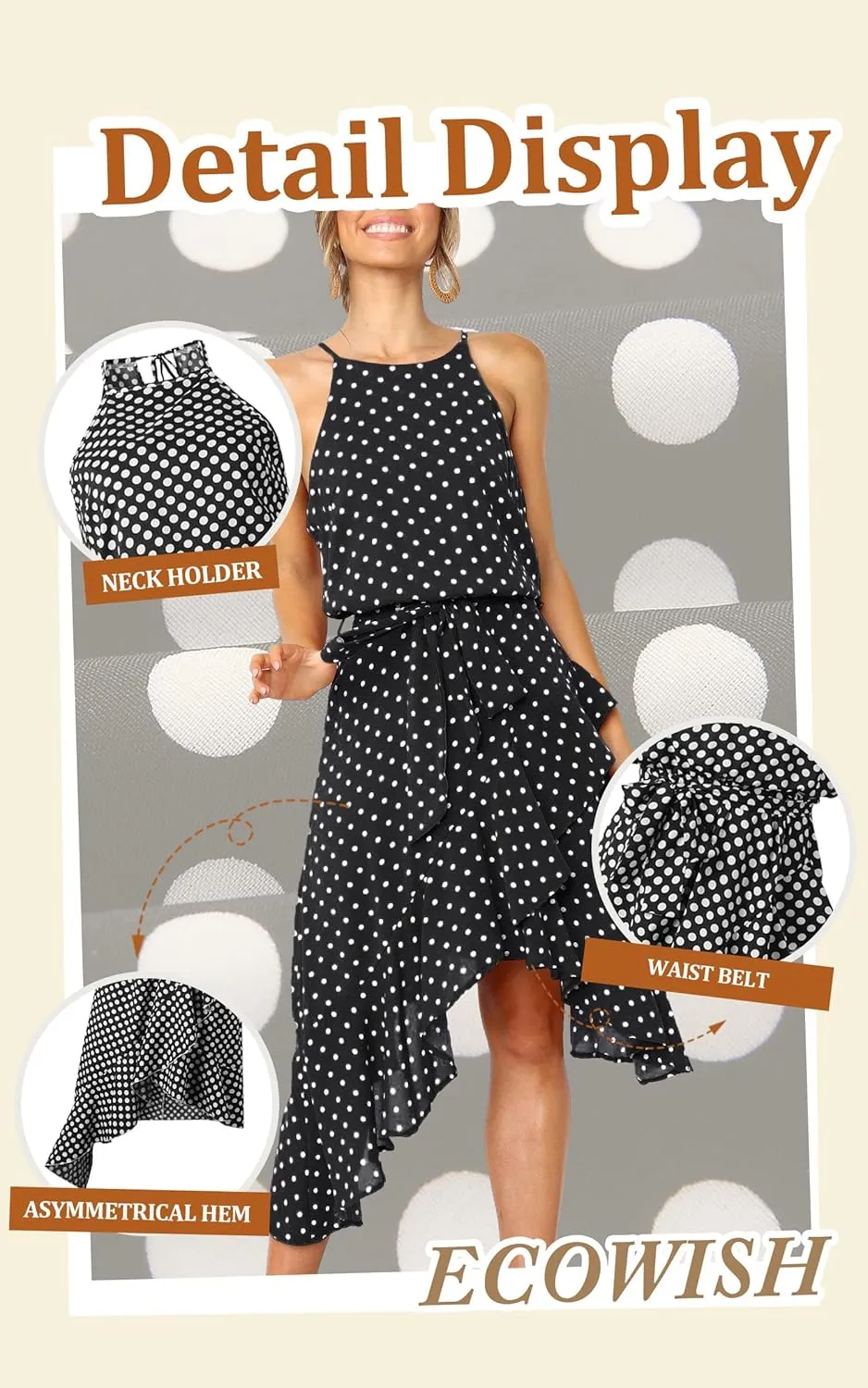ECOWISH Polka Dot Women Summer Dress Flowy High Low Sleeveless Boho Floral Criss Cross Halterneck Cocktail Midi Sundress 2025
