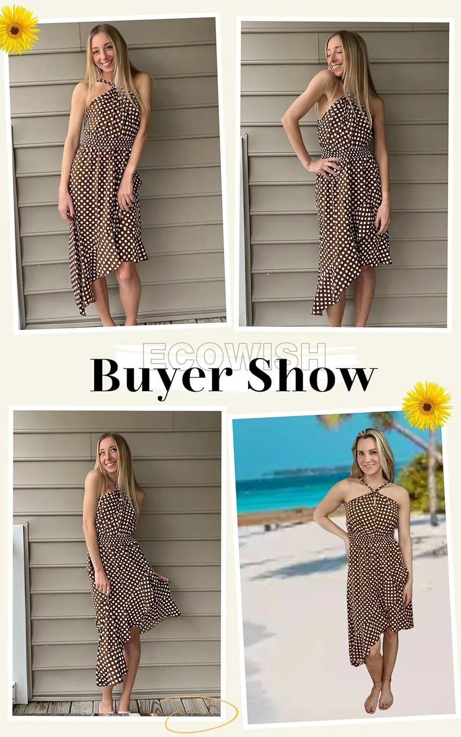 ECOWISH Polka Dot Women Summer Dress Flowy High Low Sleeveless Boho Floral Criss Cross Halterneck Cocktail Midi Sundress 2025