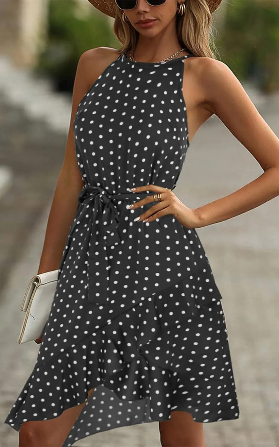 ECOWISH Polka Dot Women Summer Dress Flowy High Low Sleeveless Boho Floral Criss Cross Halterneck Cocktail Midi Sundress 2025