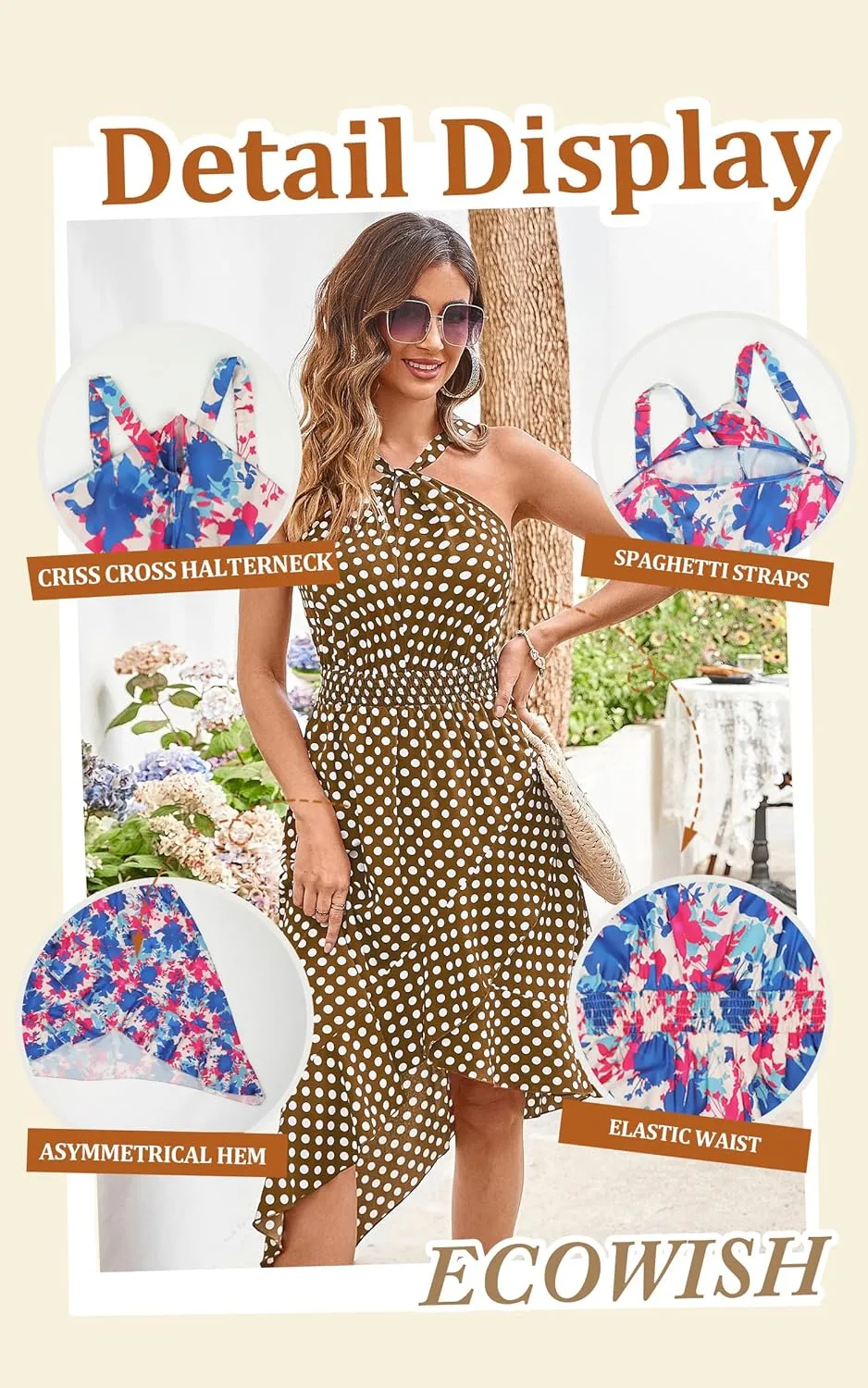 ECOWISH Polka Dot Women Summer Dress Flowy High Low Sleeveless Boho Floral Criss Cross Halterneck Cocktail Midi Sundress 2025