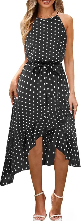ECOWISH Polka Dot Women Summer Dress Flowy High Low Sleeveless Boho Floral Criss Cross Halterneck Cocktail Midi Sundress 2025