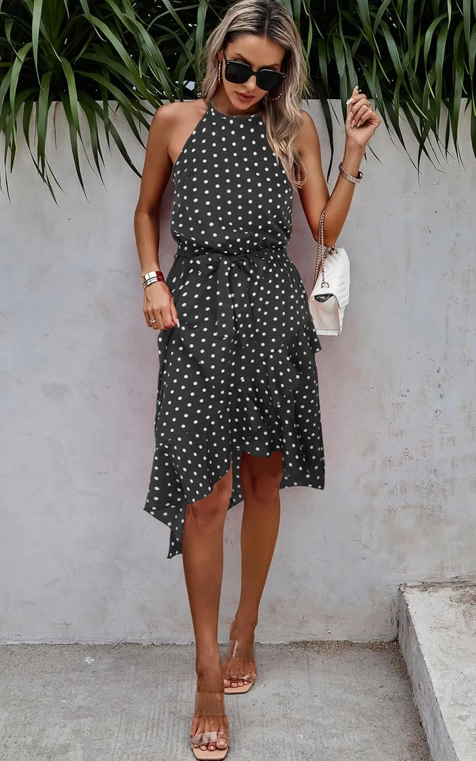 ECOWISH Polka Dot Women Summer Dress Flowy High Low Sleeveless Boho Floral Criss Cross Halterneck Cocktail Midi Sundress 2025