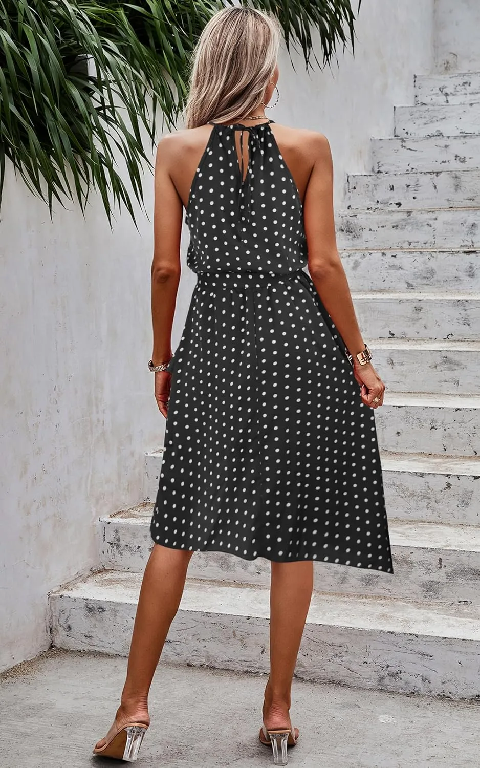 ECOWISH Polka Dot Women Summer Dress Flowy High Low Sleeveless Boho Floral Criss Cross Halterneck Cocktail Midi Sundress 2025
