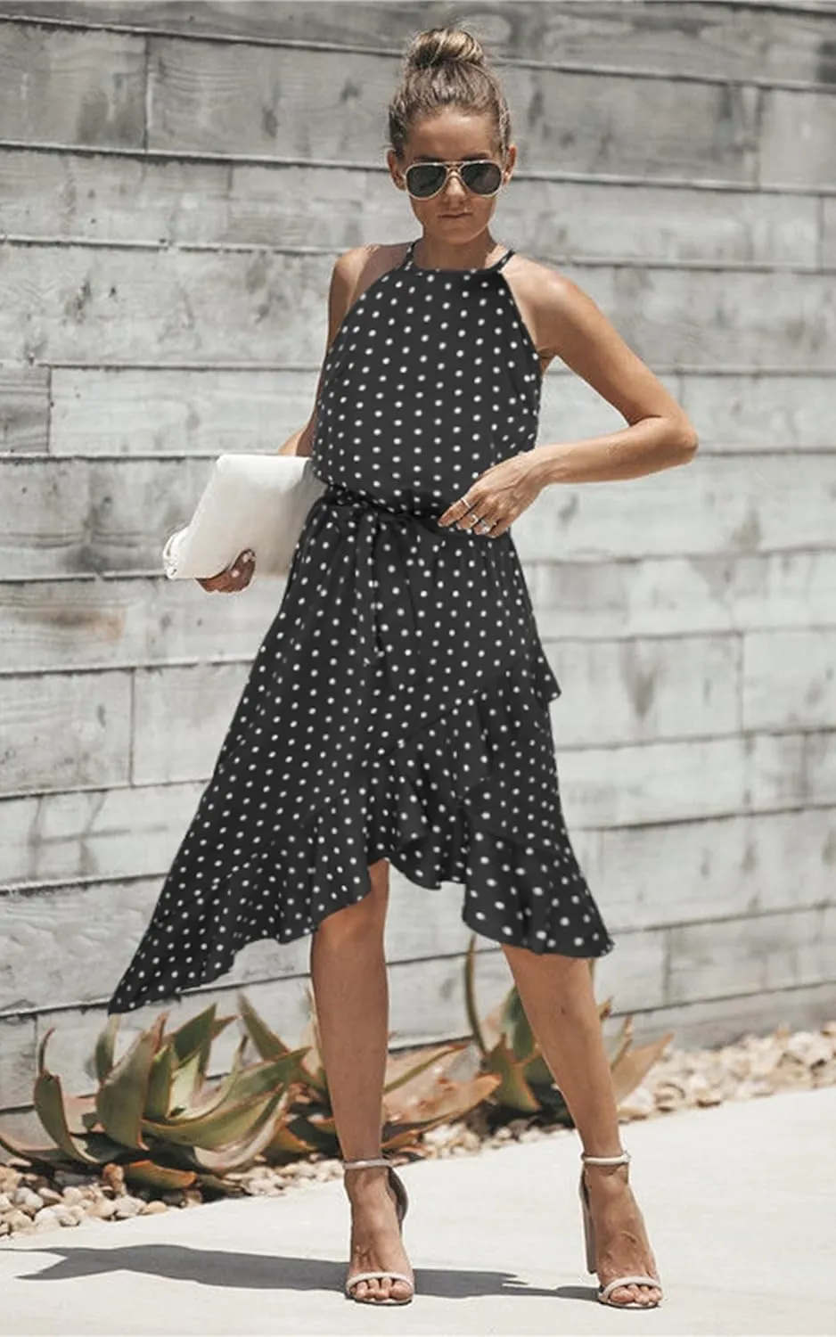 ECOWISH Polka Dot Women Summer Dress Flowy High Low Sleeveless Boho Floral Criss Cross Halterneck Cocktail Midi Sundress 2025