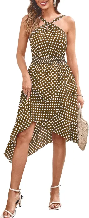 ECOWISH Polka Dot Women Summer Dress Flowy High Low Sleeveless Boho Floral Criss Cross Halterneck Cocktail Midi Sundress 2025