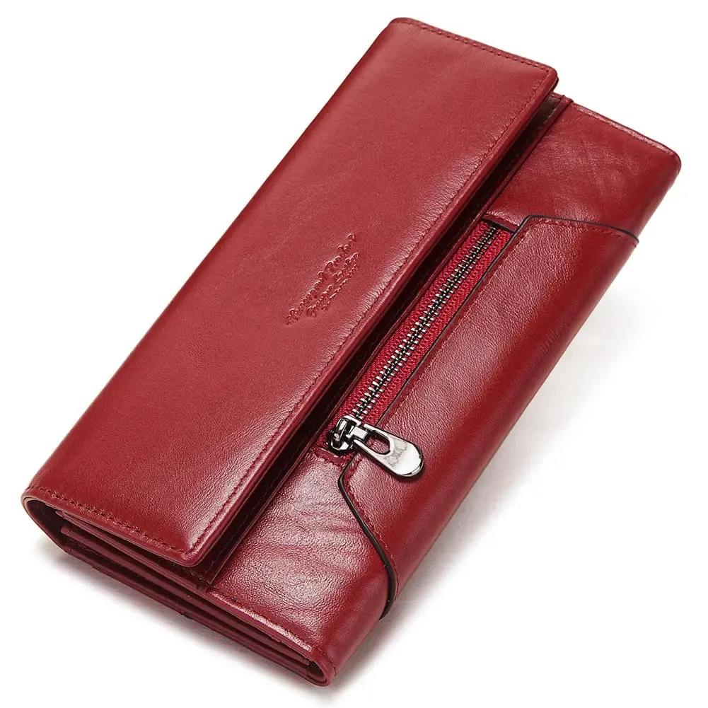 Fashion Women Genuine Leather Wallet RFID Blocking Tri-fold Credit Card Holder