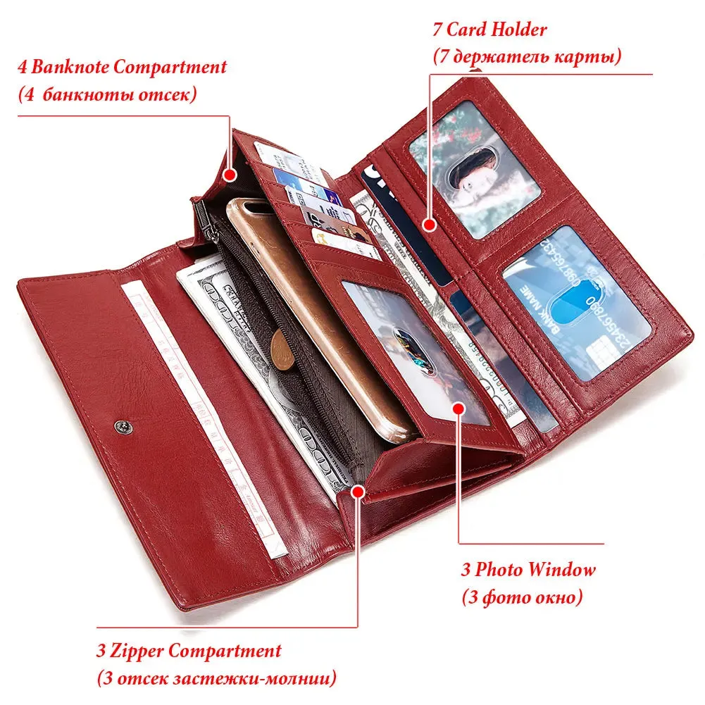 Fashion Women Genuine Leather Wallet RFID Blocking Tri-fold Credit Card Holder