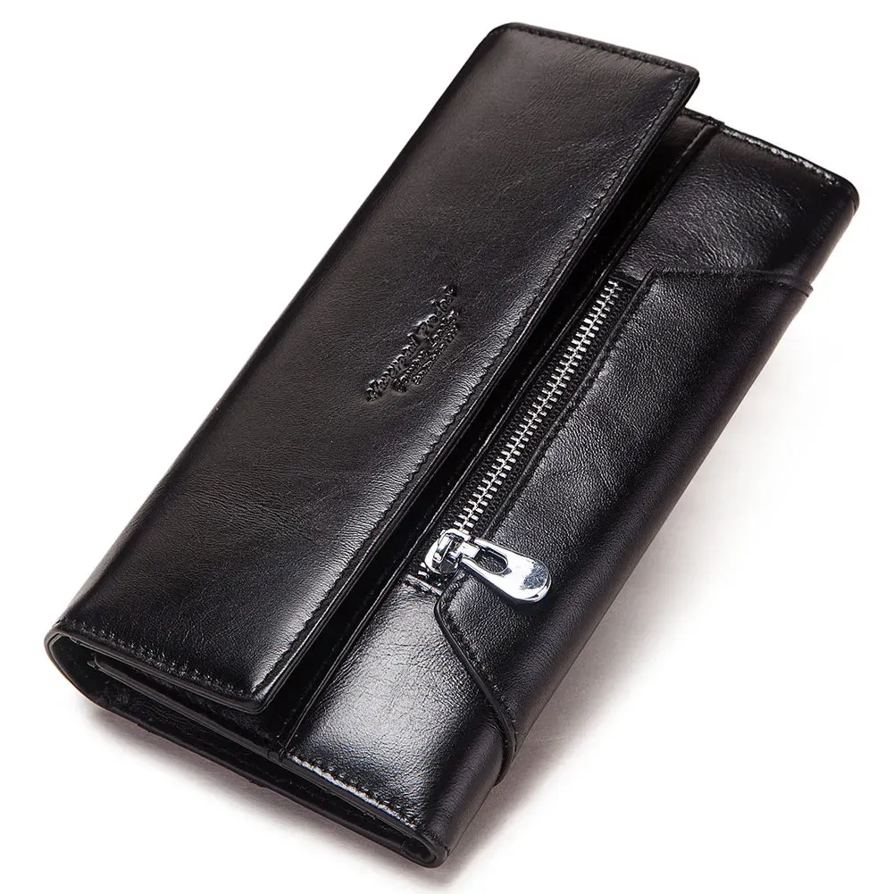 Fashion Women Genuine Leather Wallet RFID Blocking Tri-fold Credit Card Holder