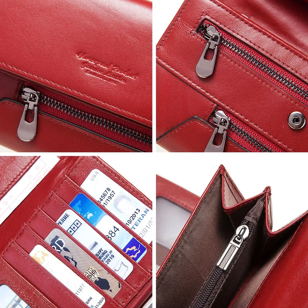 Fashion Women Genuine Leather Wallet RFID Blocking Tri-fold Credit Card Holder