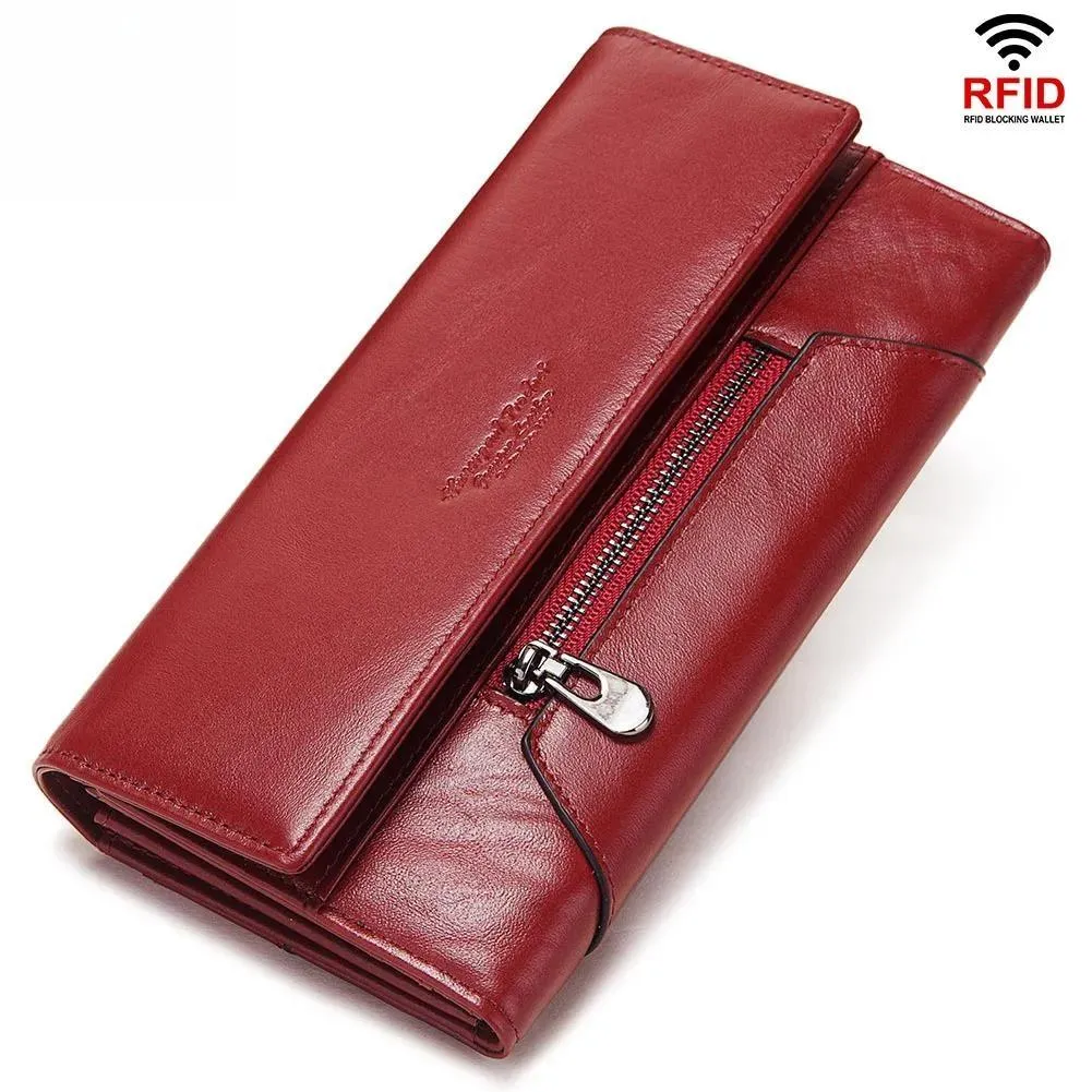 Fashion Women Genuine Leather Wallet RFID Blocking Tri-fold Credit Card Holder