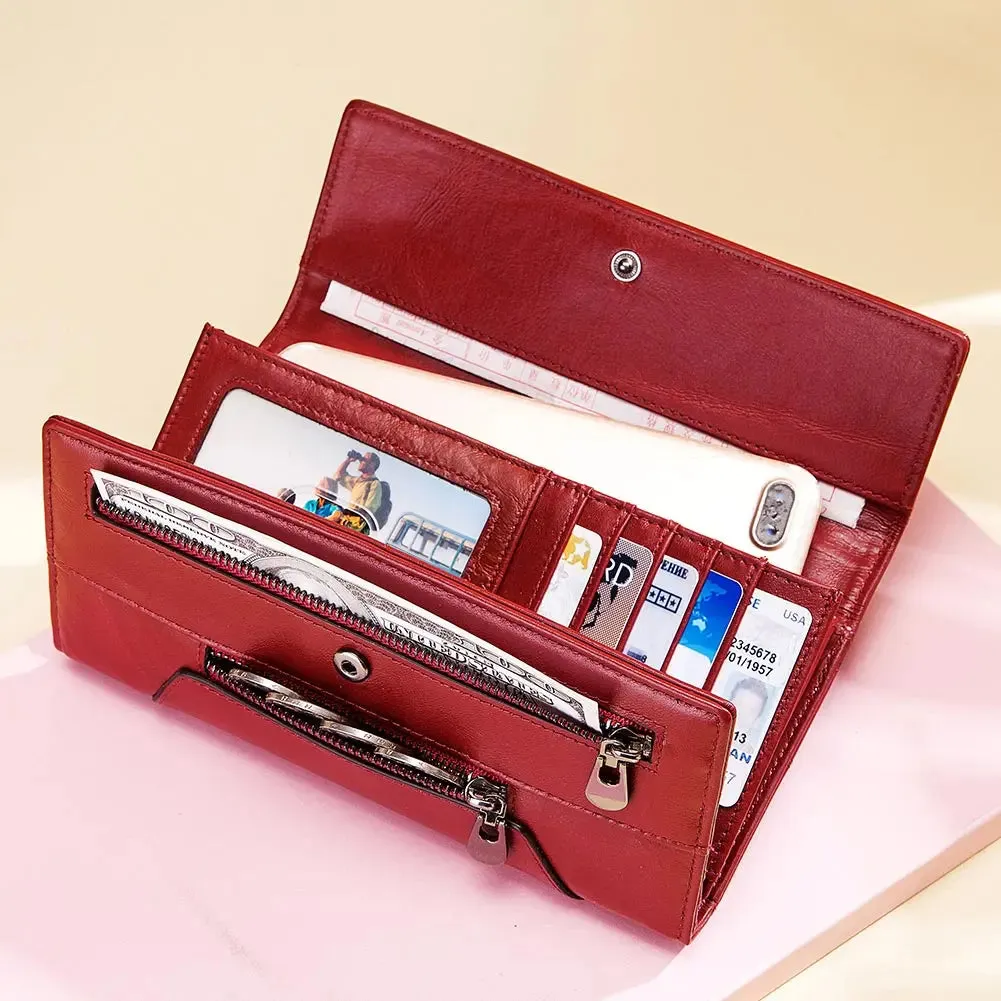 Fashion Women Genuine Leather Wallet RFID Blocking Tri-fold Credit Card Holder