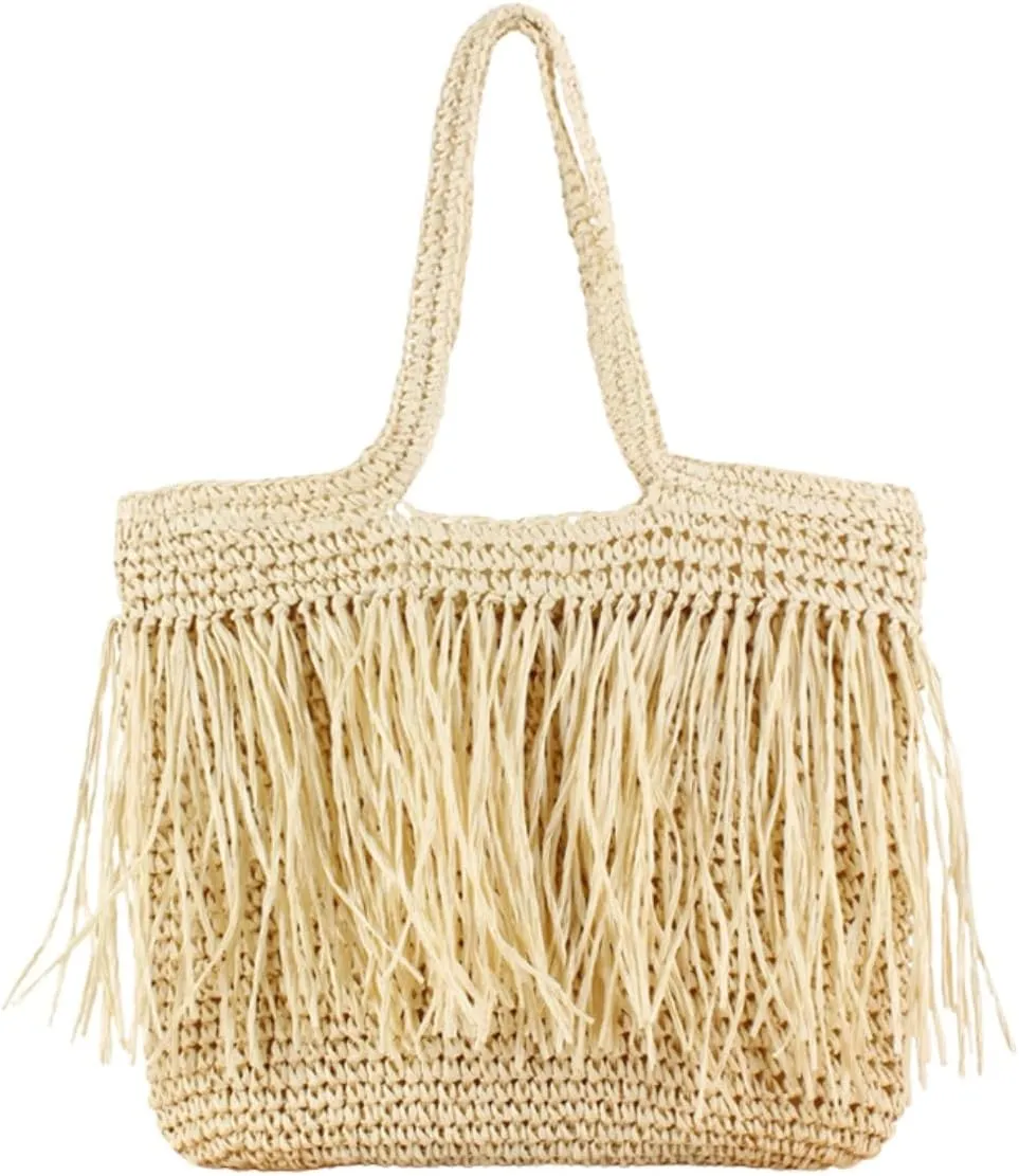 Handwoven Fringe Straw Beach Tote Bag for Women, 17.32 x 15.75 x 0.39 inches, Lightweight Woven Beach Bag for Women