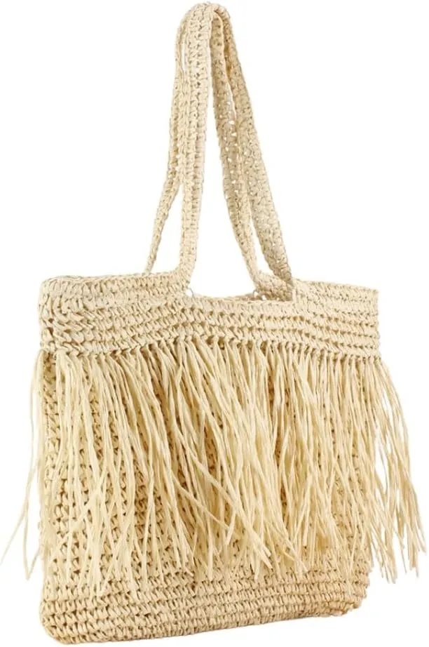 Handwoven Fringe Straw Beach Tote Bag for Women, 17.32 x 15.75 x 0.39 inches, Lightweight Woven Beach Bag for Women