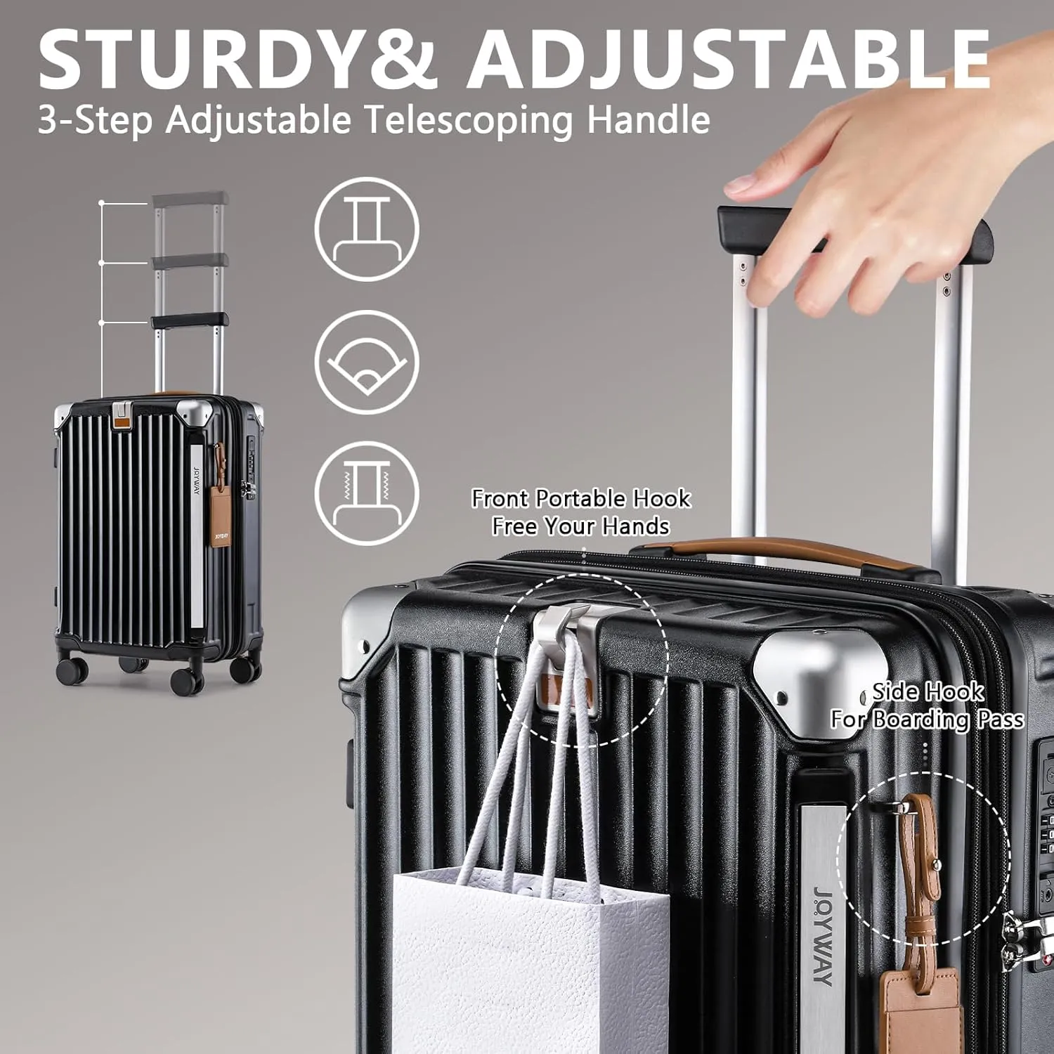 Joyway 3 Piece Set Hardside Expandable Luggage with USB Charging Port and Cup Holder, TSA Lock Spinner Wheels Suitcase for International Travel, Lightweight Carry On Checked Baggage, Black