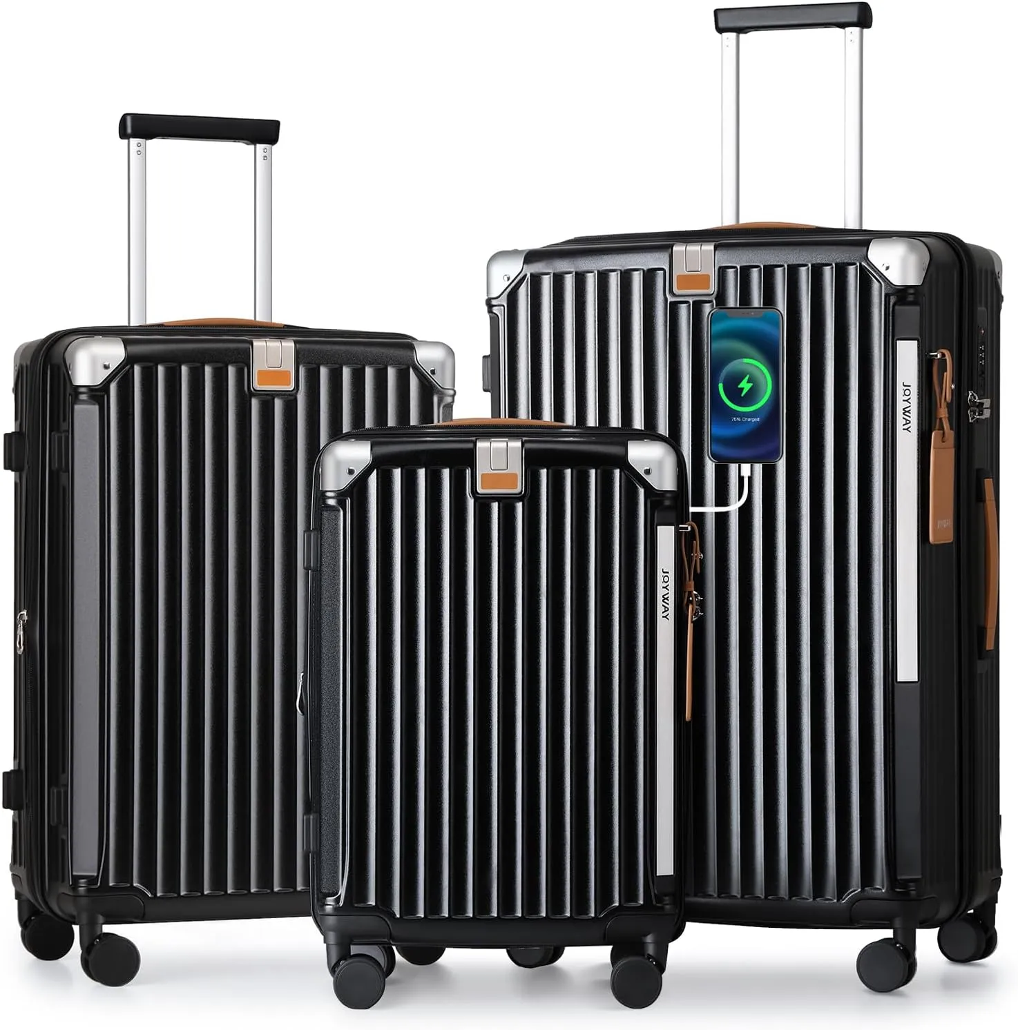 Joyway 3 Piece Set Hardside Expandable Luggage with USB Charging Port and Cup Holder, TSA Lock Spinner Wheels Suitcase for International Travel, Lightweight Carry On Checked Baggage, Black