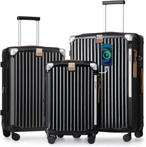 Joyway 3 Piece Set Hardside Expandable Luggage with USB Charging Port and Cup Holder, TSA Lock Spinner Wheels Suitcase for International Travel, Lightweight Carry On Checked Baggage, Black