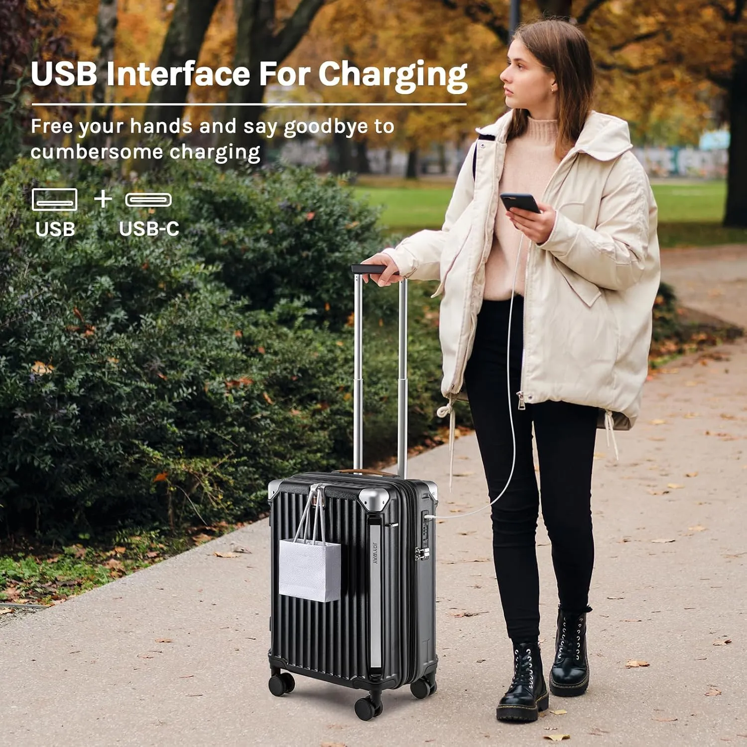 Joyway 3 Piece Set Hardside Expandable Luggage with USB Charging Port and Cup Holder, TSA Lock Spinner Wheels Suitcase for International Travel, Lightweight Carry On Checked Baggage, Black
