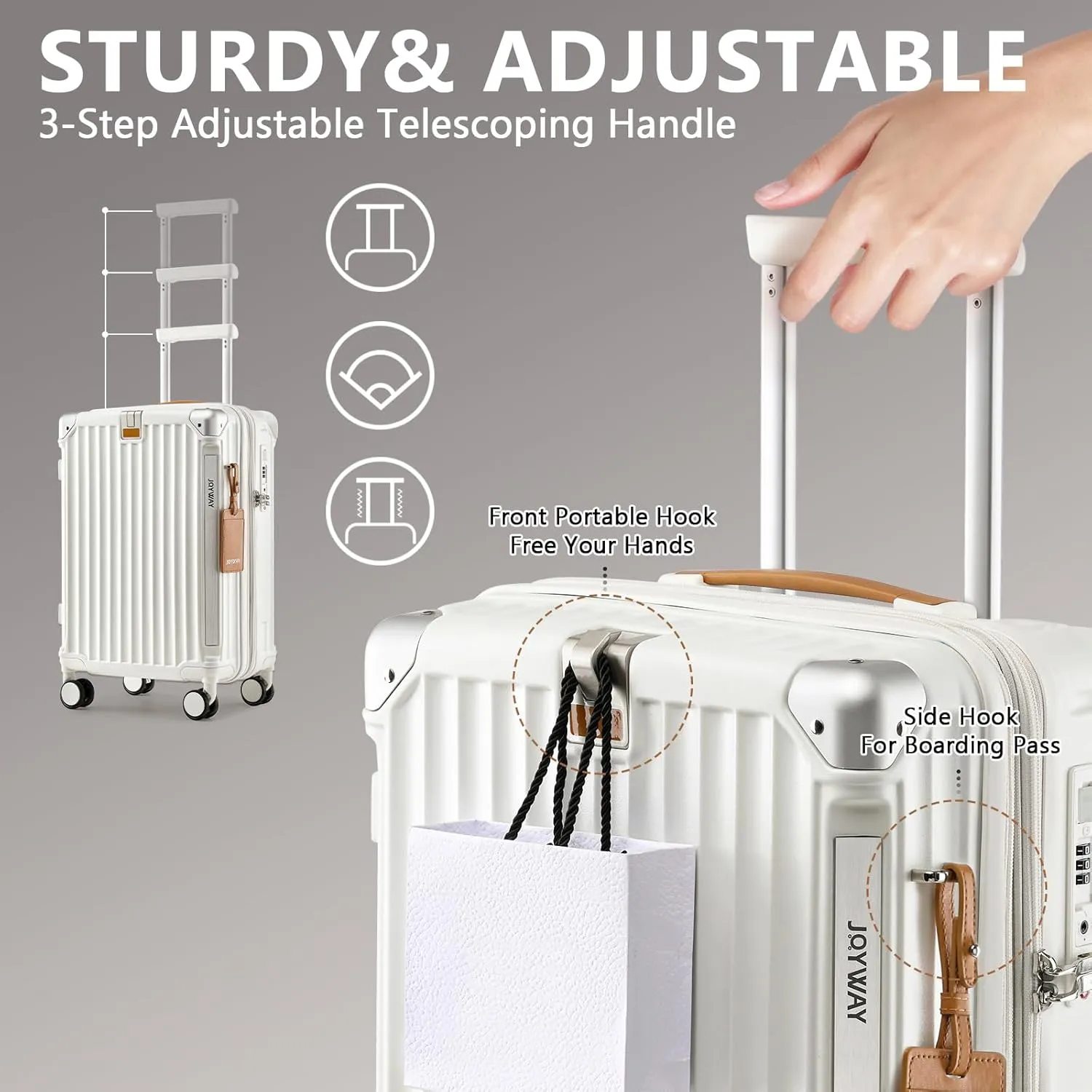 Joyway 3 Piece Set Hardside Expandable Luggage with USB Charging Port and Cup Holder, TSA Lock Spinner Wheels Suitcase for International Travel, Lightweight Carry On Checked Baggage, White