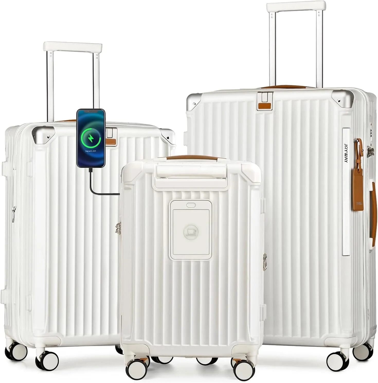 Joyway 3 Piece Set Hardside Expandable Luggage with USB Charging Port and Cup Holder, TSA Lock Spinner Wheels Suitcase for International Travel, Lightweight Carry On Checked Baggage, White