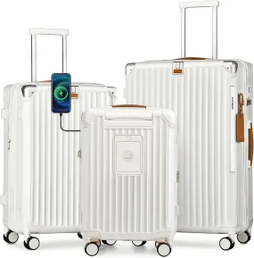 Joyway 3 Piece Set Hardside Expandable Luggage with USB Charging Port and Cup Holder, TSA Lock Spinner Wheels Suitcase for International Travel, Lightweight Carry On Checked Baggage, White